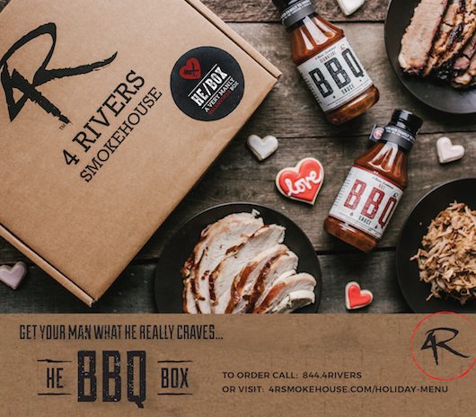 The “He Box” from 4 Rivers Smokehouse includes one gift-wrapped box filled with a half a pound of sliced brisket, half a pound of pulled pork, half a pound of sliced turkey, a bottle of their Signature BBQ Sauce and one bottle of their Hot BBQ Sauce. You can order this gift box online for pick up the day before Valentine’s Day.