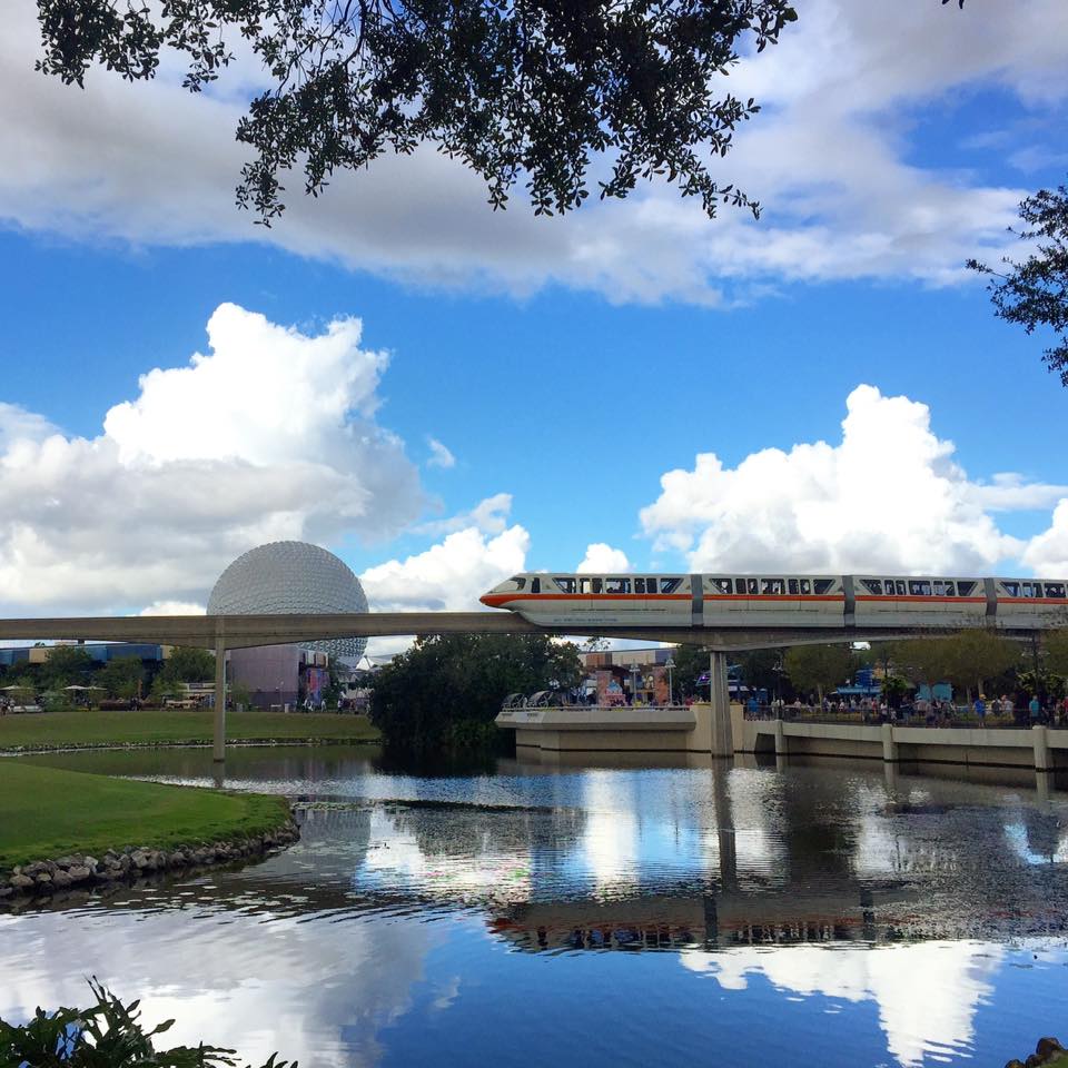 Image of Walt Disney World Monorail going past Epcot