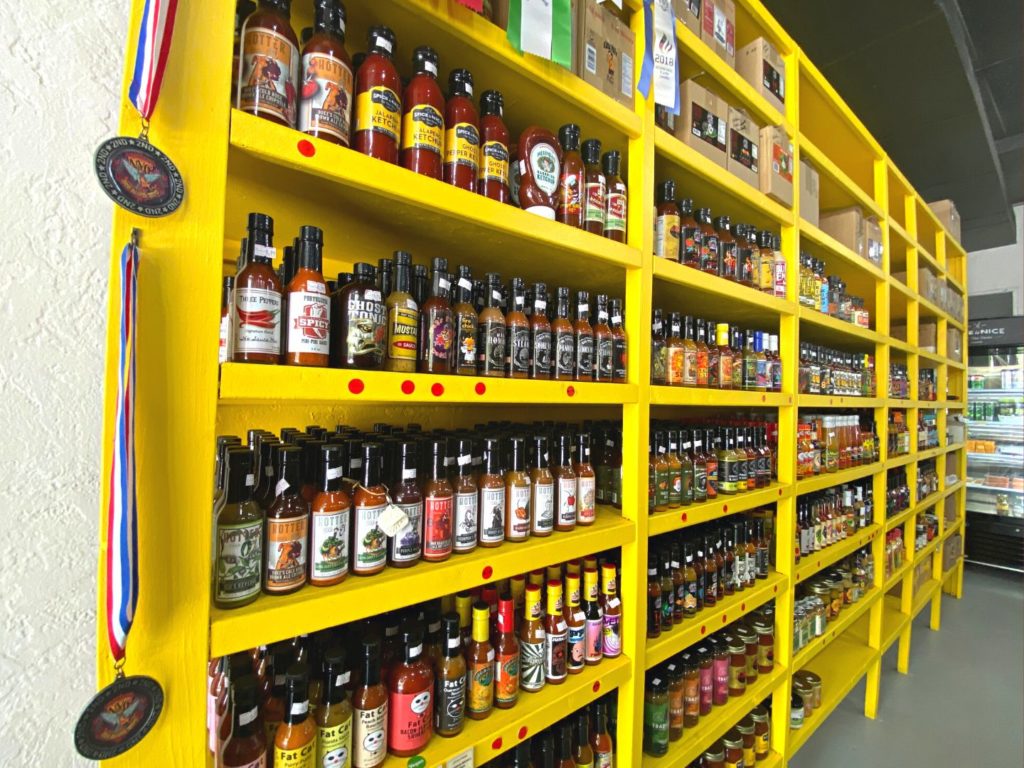 A large variety of sauces at Spice is Nice Store Downtown Sanford 