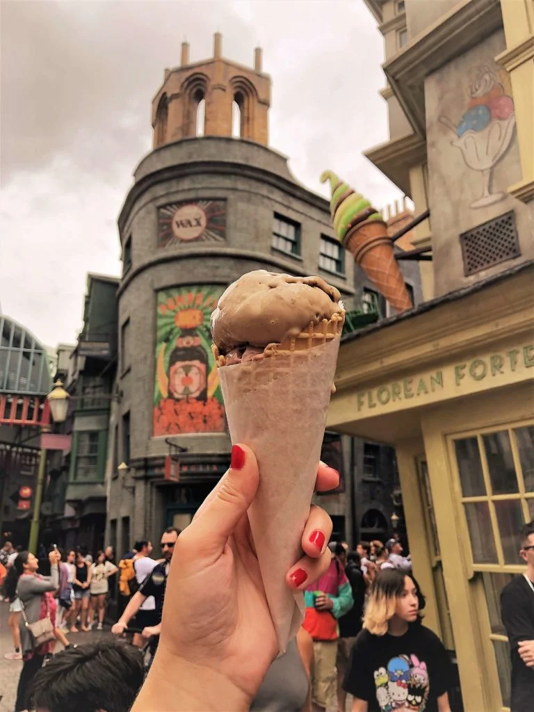 holding up an Florean Fortescue's Ice Cream at Diagon Alley into the air in front of the colorful facades