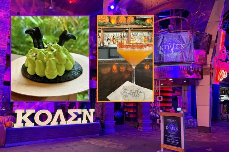 Halloween Fun at Universal Orlando dead coconut club entrance witch cookie and pumpkin drink - Canva from Dani Meyering and Jodi Caballero