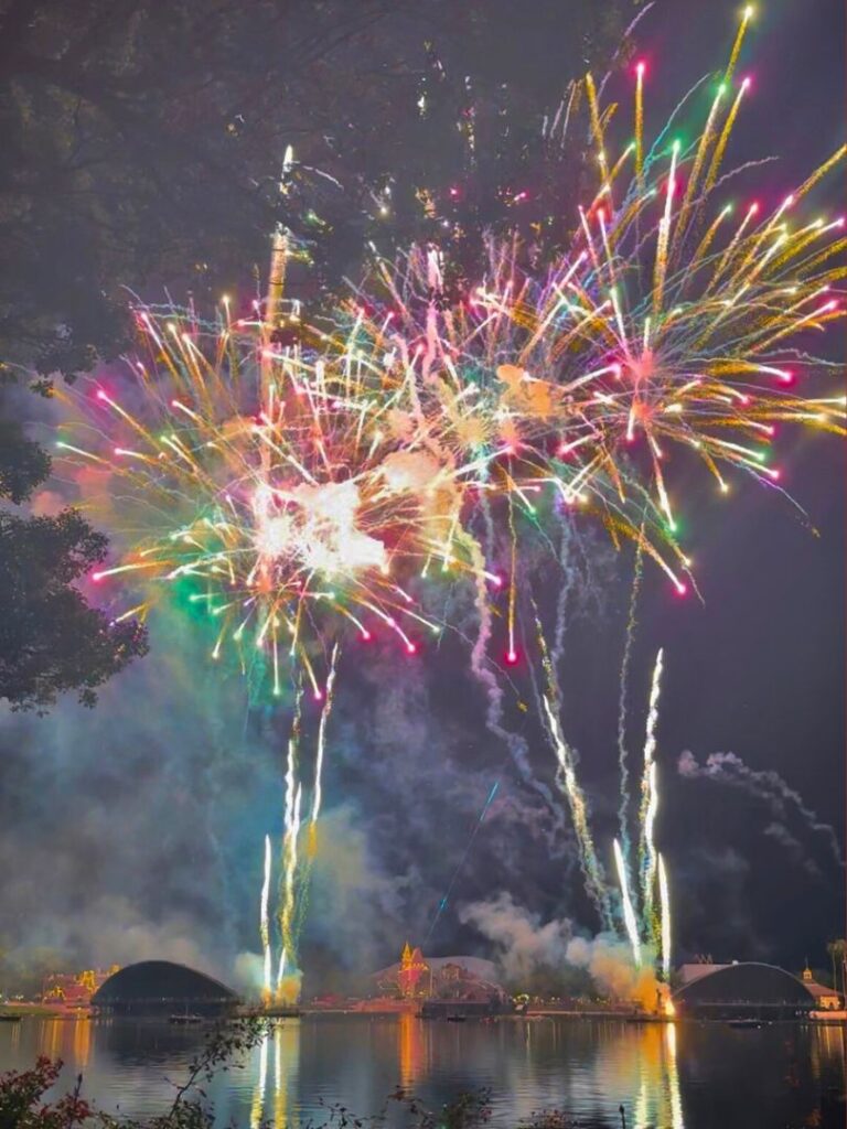 Multicolored fireworks during EPCOT Forever