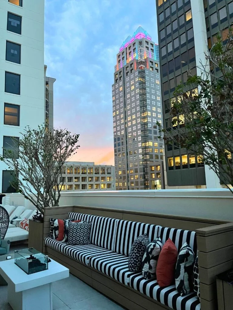Grand Bohemian Hotel Rooftop Lounge and Pool at sunset