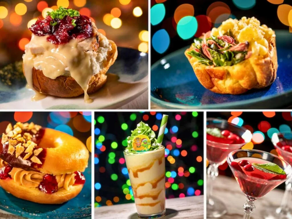 Fairfax Fare Menu Items at Disney Jollywood Nights Food and Drinks with festive christmas lights in background