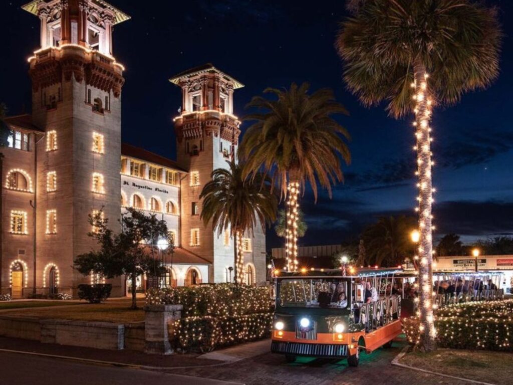 Old Town Trolley and Flagler College during St Augustine Nights of Lights