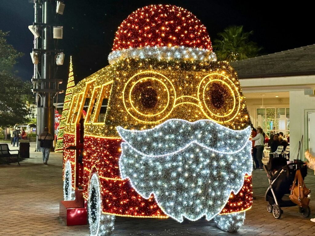 Image of lighted Santa VW bus at Holiday Lights at Ocala's World Equestrian Center Winter Wonderland