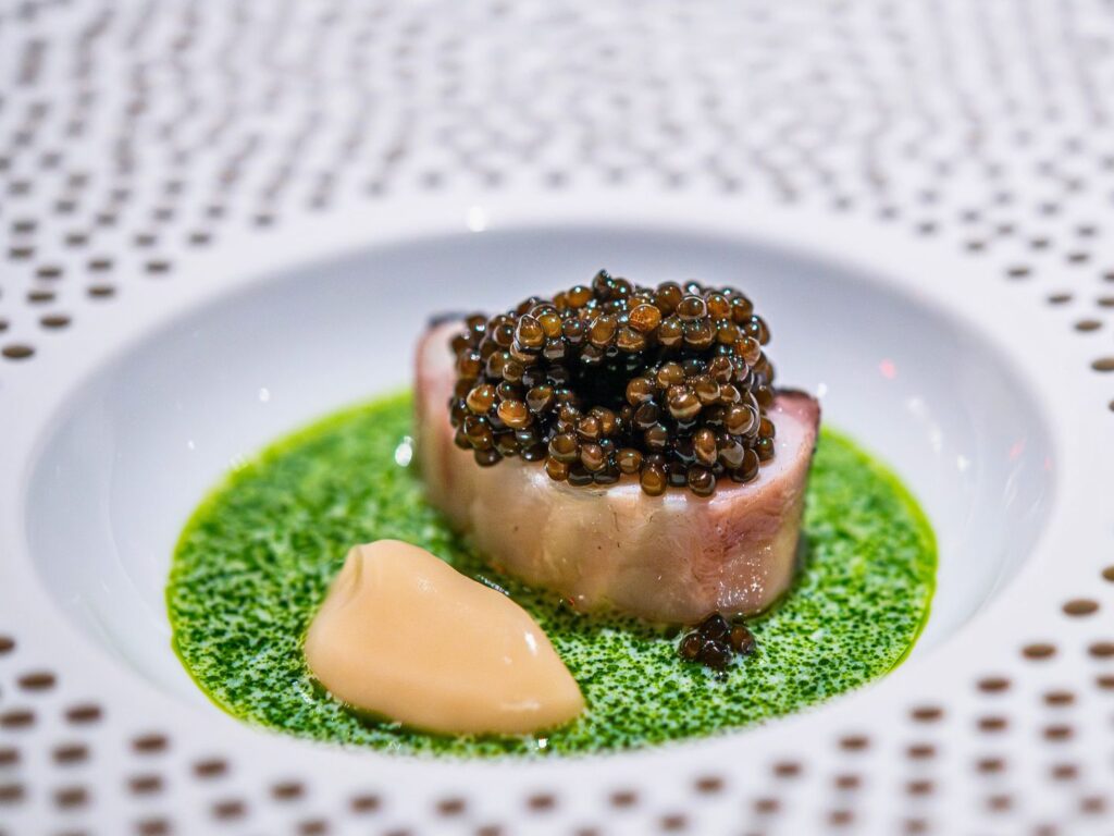 Image of Dry-aged, grilled wild Japanese kinki, broken buttermilk sauce, onion soubise, Omo Reserve caviar at Ômo by Jônt 