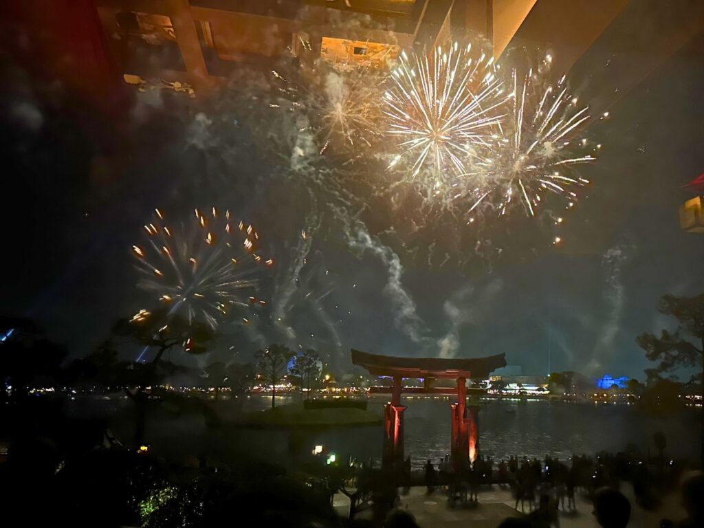 View of fireworks from EPCOT’s Shiki-Sai