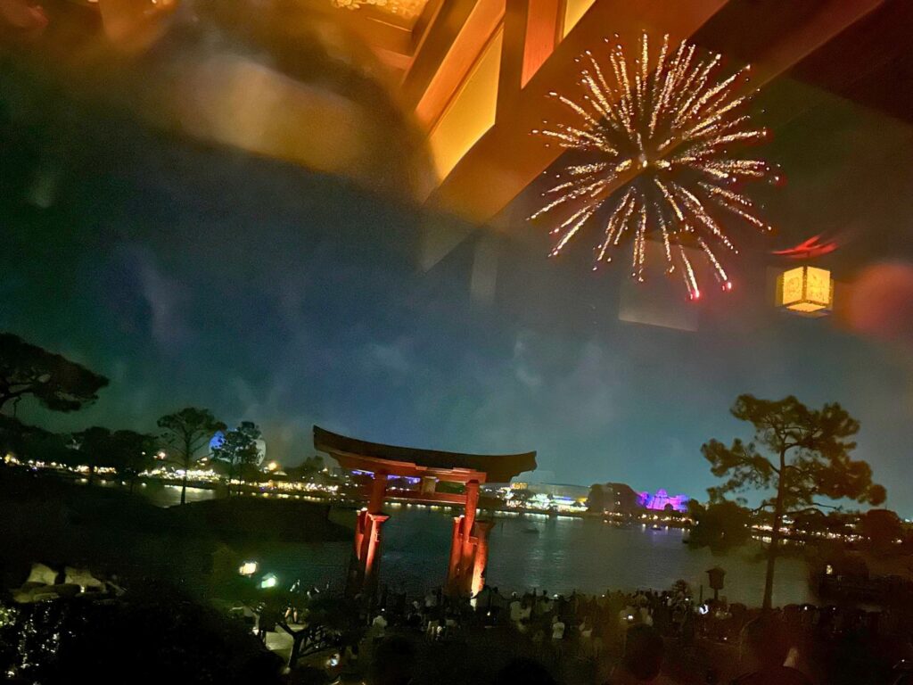 View of fireworks from EPCOT’s Shiki-Sai