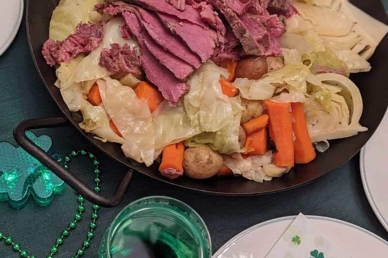 St. Patrick's Day corned beef and cabbage with green beer