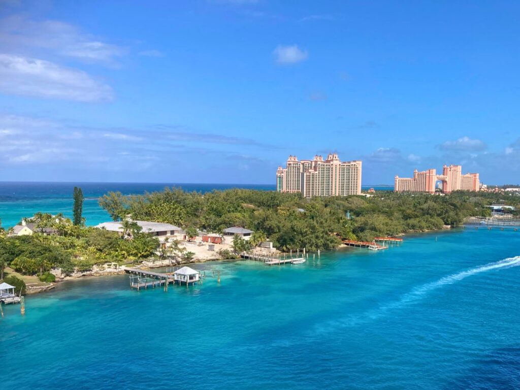 Overhead image of the coastline and two hotels at Nassau Bahamas