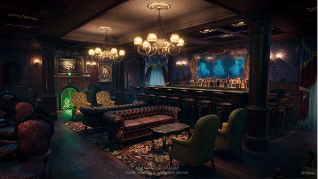 Artist Concept for bar area and seating area for Haunted Mansion Parlor Aboard Disney Treasure - image from Disney Parks Blog
