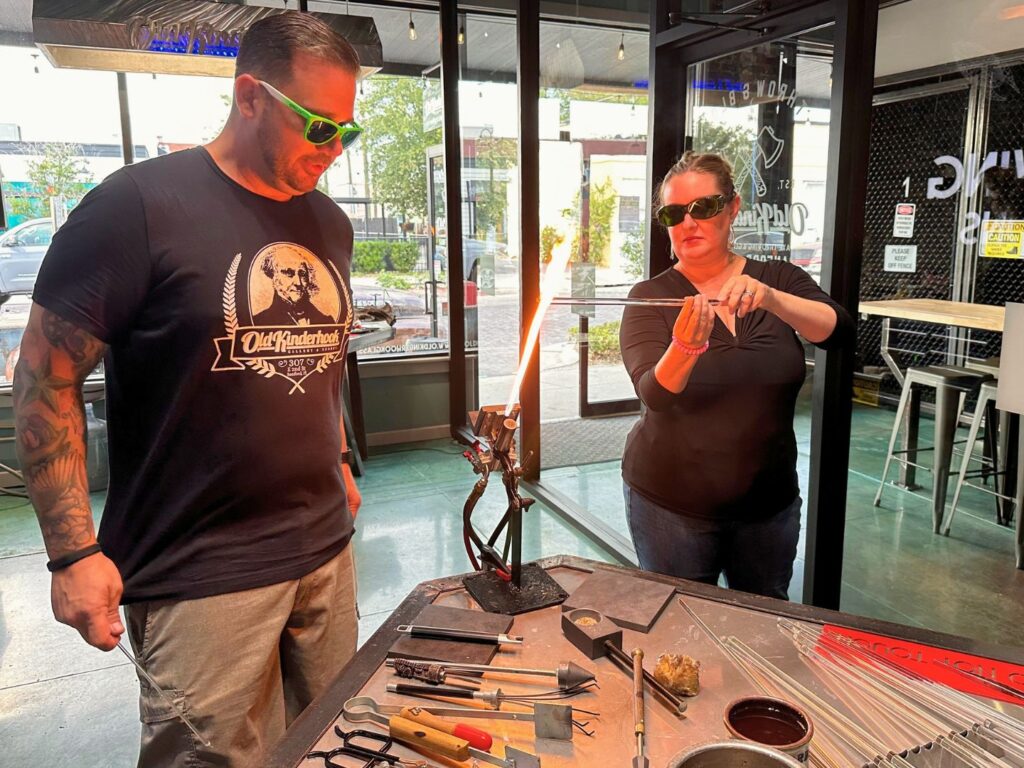 editor dani meyering participates in a Glass Blowing Class at Old Kinderhook in Sanford 