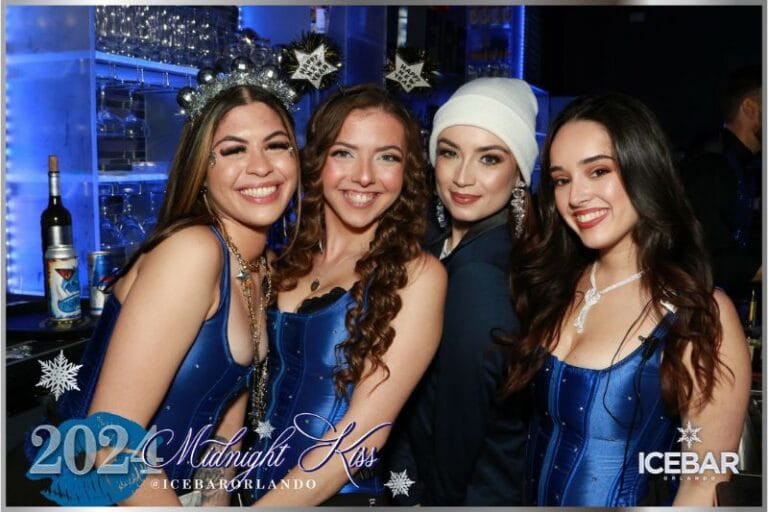 Young women pose for photo at New Year's Eve ICEBAR Orlando