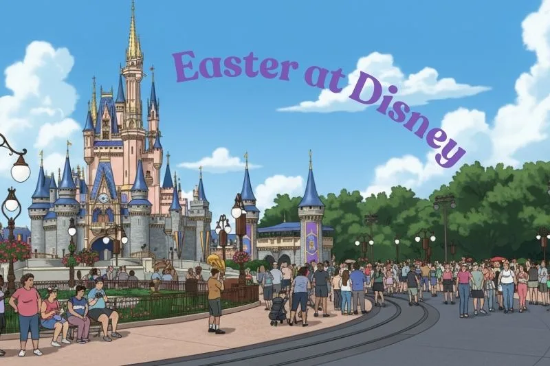 Easter at Magic Kingdom view of Cinderella Castle - image and graphic by Dani Meyering