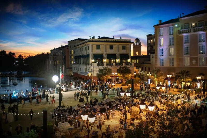 nighttime setting at italian themed plaza