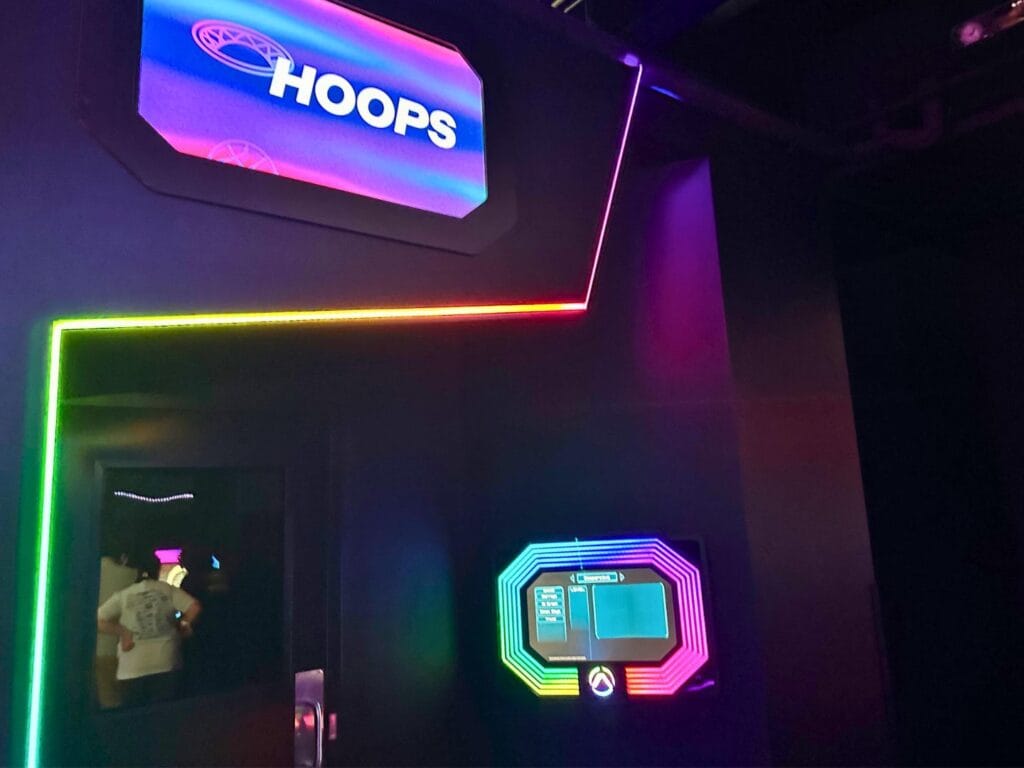 Hoops Game Room Entrance and LED lights at Activate Pointe Orlando - image by Dani Meyering