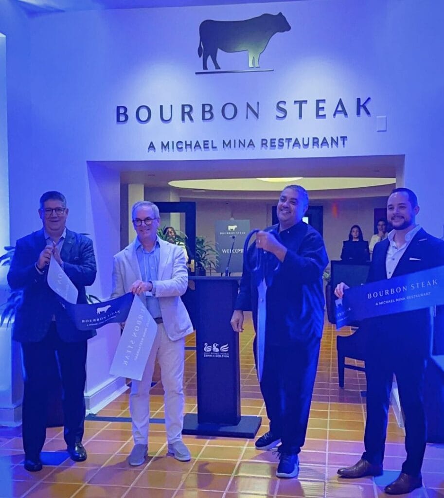 Sean Verney Area General Manager Walt Disney World Swan and Dolphin Robert Snyder President & COO at Tishman Hotel Corp Michael Mina Cuts ribbon at Bourbon Steak Orlando - image by Dani Meyering crop