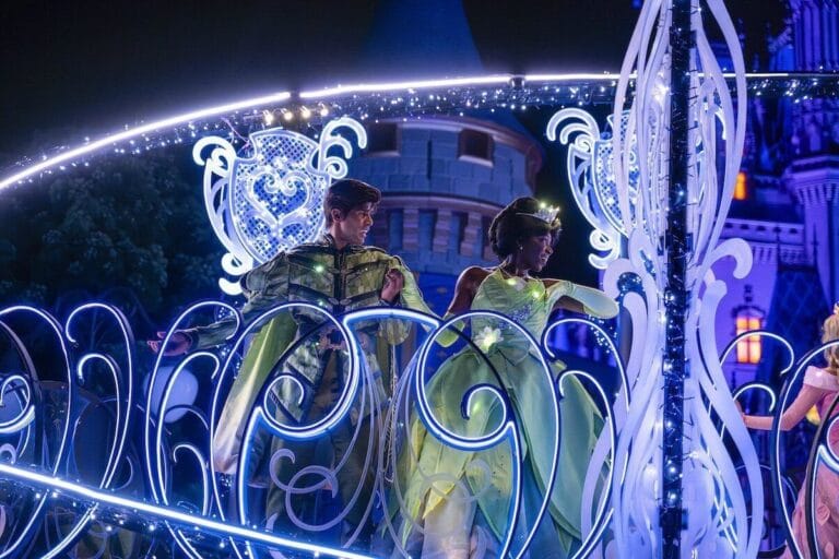 Prince Naveen and Princess Tiana characters photography by Steven Diaz, Kenslie McGuire, Omark Reyes, and Matt Stroshane of Disney Starlight nighttime parade at Magic Kingdom