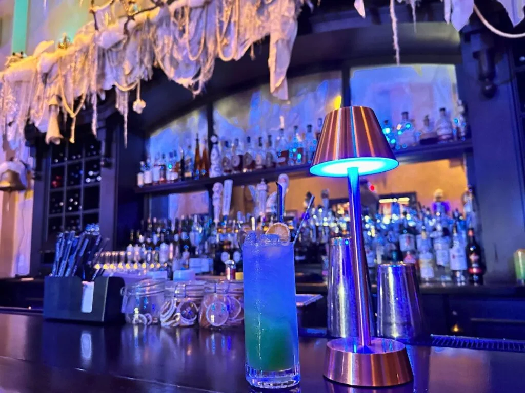 Frozen themed decorations and Infected NA drink Thirsty Fish Bar at Loews Portofino Bay Resort - image by Dani Meyering