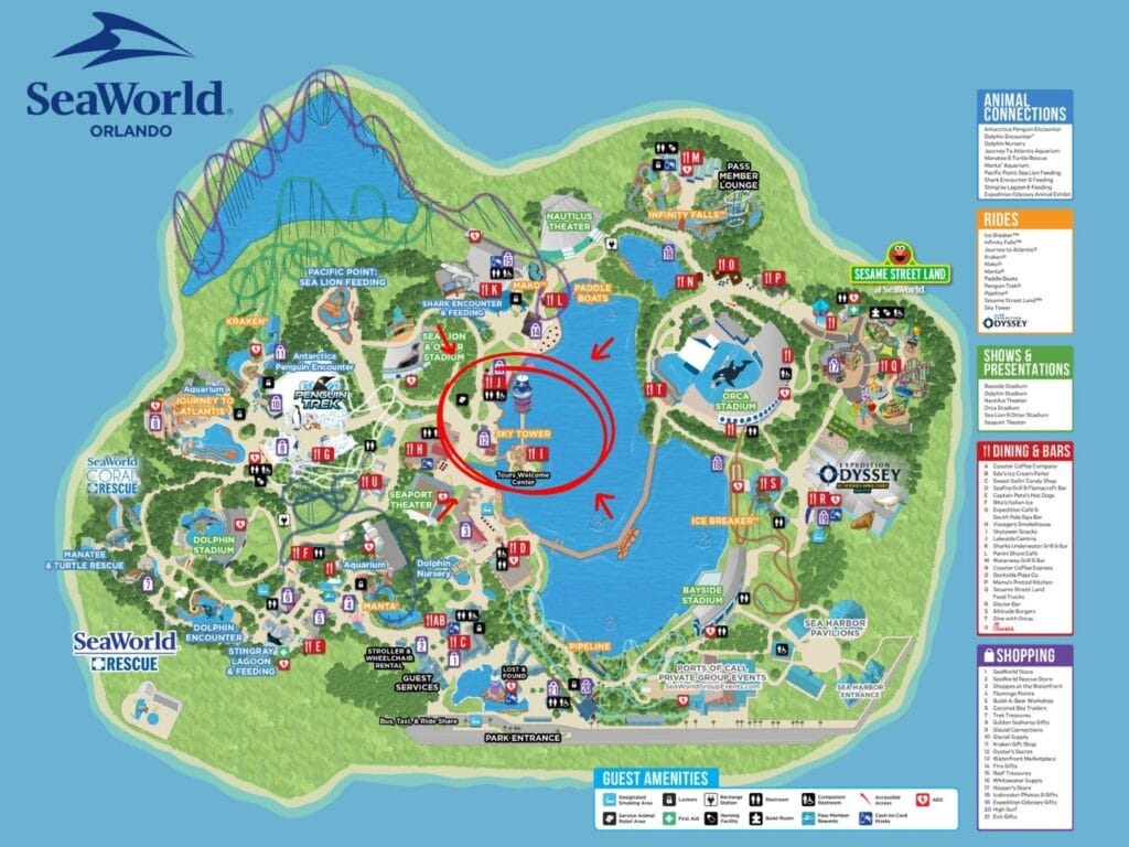 SeaWorld Orlando park map with Sky Tower Tours Welcome Center marked