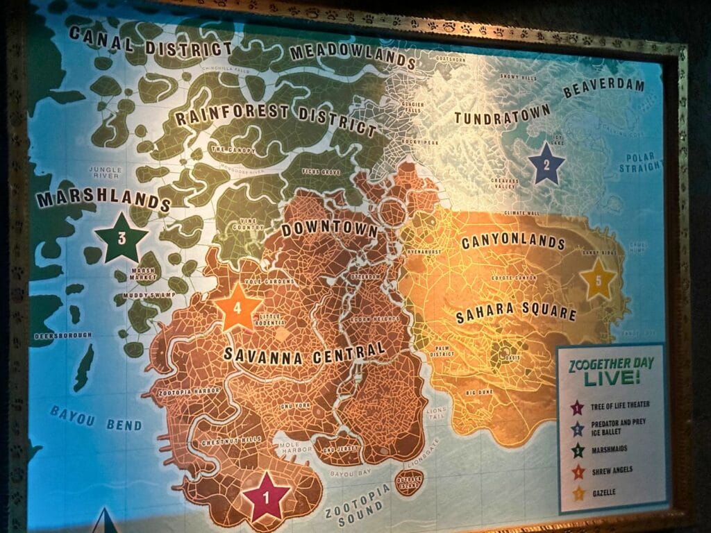 Disney adults Zootopia Better Zoogether at Animal Kingdom pre-show map  - image by Dani Meyering