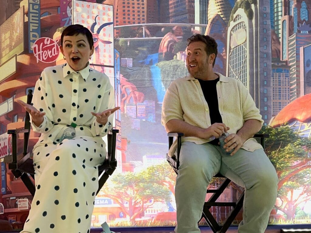 Ginnifer Goodwin and Nate Torrence talk to press about Zootopia Better Zoogether at Animal Kingdom - image by Dani Meyering