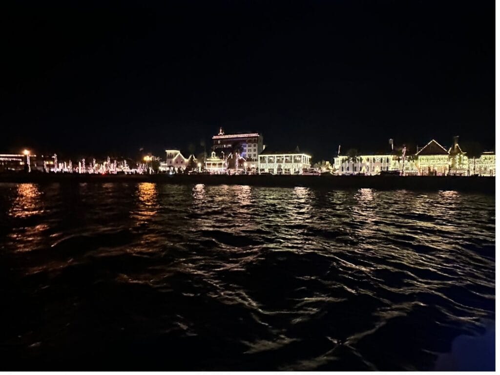 View of St. Augustine Nights of Lights from aboard Old Town Party Boat