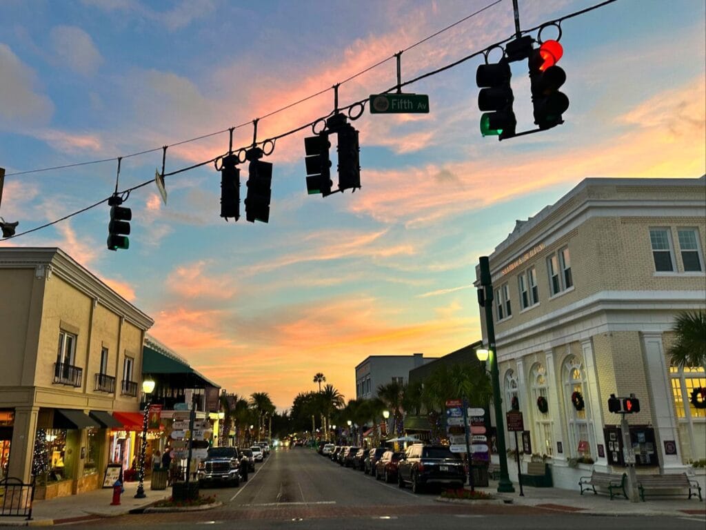5th Avenue Christmas Lights Mount Dora at sunset - image by Dani Meyering