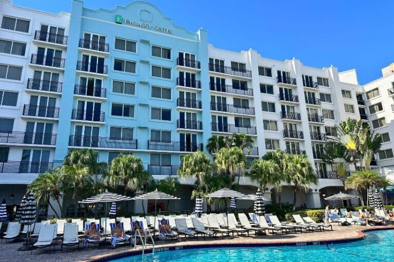Pool deck Embassy Suites Deerfield Beach looking up - image by Dani Meyering