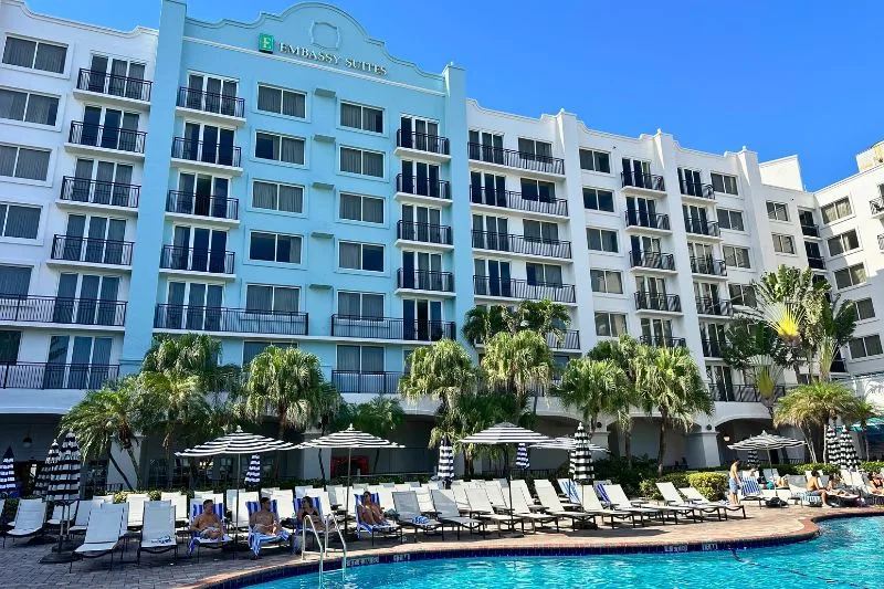 Pool deck Embassy Suites Deerfield Beach looking up - image by Dani Meyering
