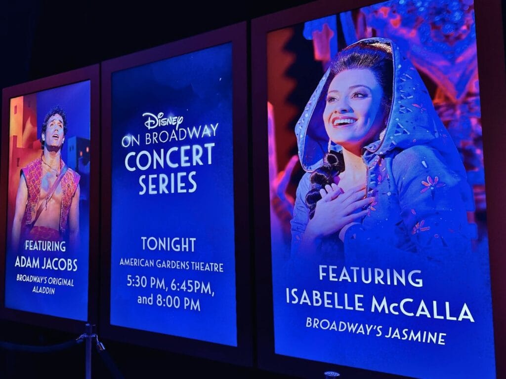 Showtimes and sign for Disney on Broadway Show at EPCOT Festival of the Arts - image by Dani Meyering