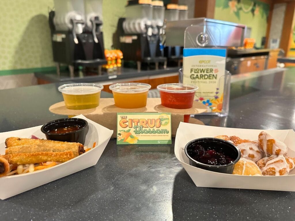 Citrus Blossom Lumpia Lemon Beignets and Beer Flight EPCOT Flower and Garden Festival 2026 - image by Dani Meyering comp