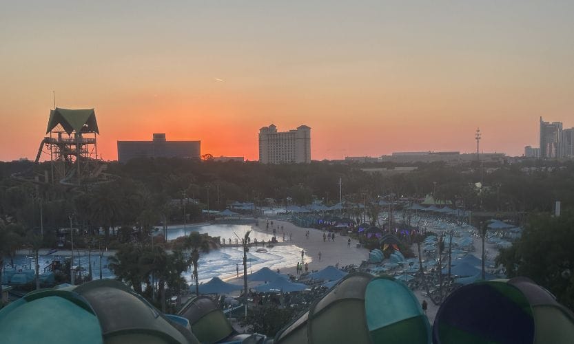 Sunset from atop one of the water slide towers at AquaGlow at Aquatica