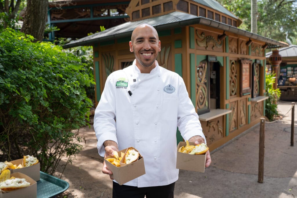 Disney Animal Kingdom Chef Camilo Velasco with the Chicken and Beef Arepas at The Smiling Crocodile. 