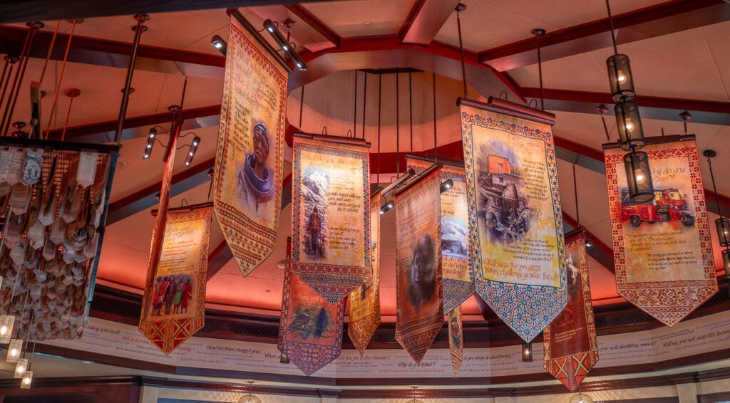 Travel Banners in the center ceiling of Nomad Lounge at Disney's Animal Kingdom.
