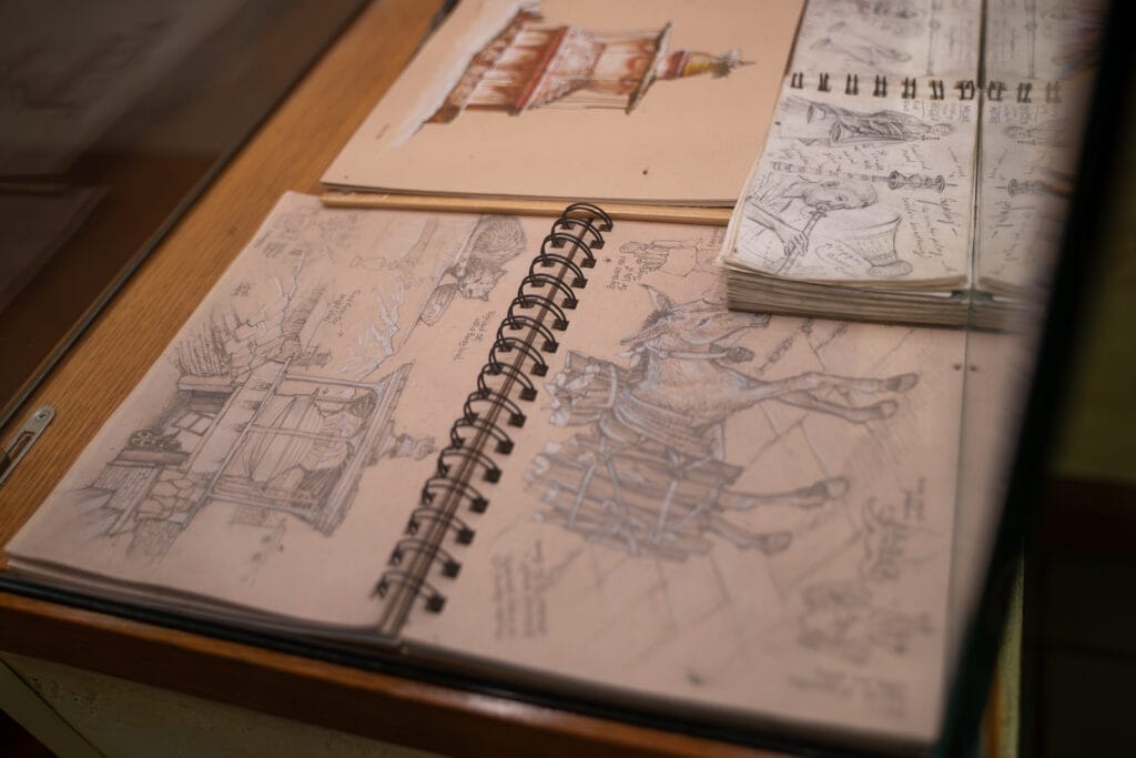 Rohde's sketch books from research expeditions. Hartwig tells us this one features a sketch of a chorten, which inspired one built in Expedition Everest. 